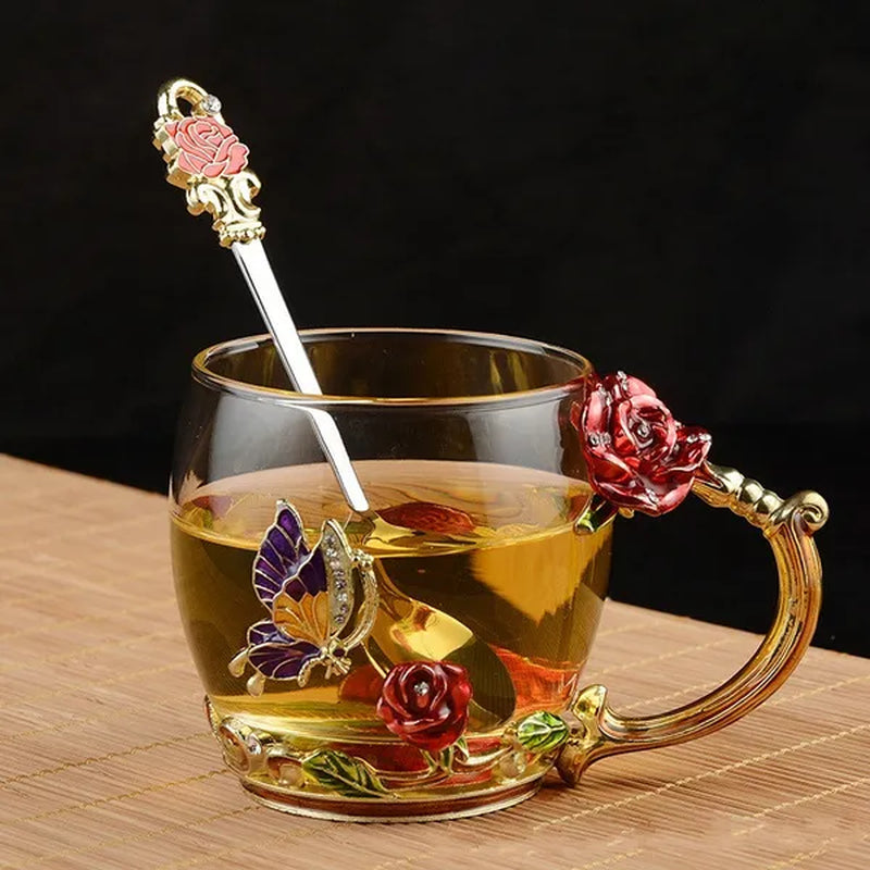 Red Blue Rose Enamel Crystal Cup Flower Tea Cup Butterfly Glass Water Cups Flower Mug with Spoon Set Perfect Gift for Lover Wedding