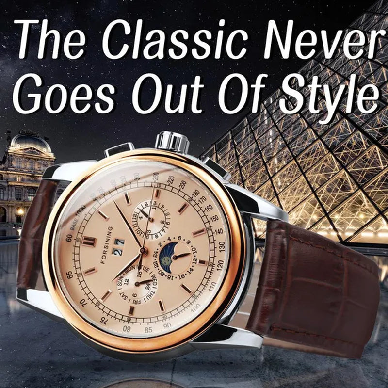 Forsining Moon Phase Shanghai Movement Rose Gold Case Brown Bracelet En Cuir Véritable Montres Pour Hommes Top Brand Luxury Auotmatic Watch with Gift Box