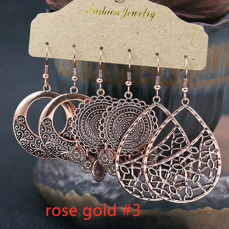 3 Pairs Women's Fashion Jewelry Vintage Bohemian Ethnic Carved 925 Sterling Silver Dangle Earrings for Women Charm Geometry Leaves Hoop Earring Wedding Engagement Party Banquet Earrings