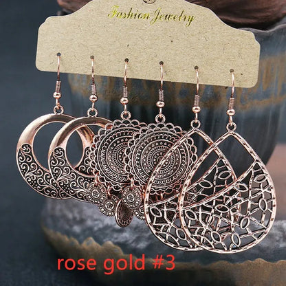 3 Pairs Women's Fashion Jewelry Vintage Bohemian Ethnic Carved 925 Sterling Silver Dangle Earrings for Women Charm Geometry Leaves Hoop Earring Wedding Engagement Party Banquet Earrings