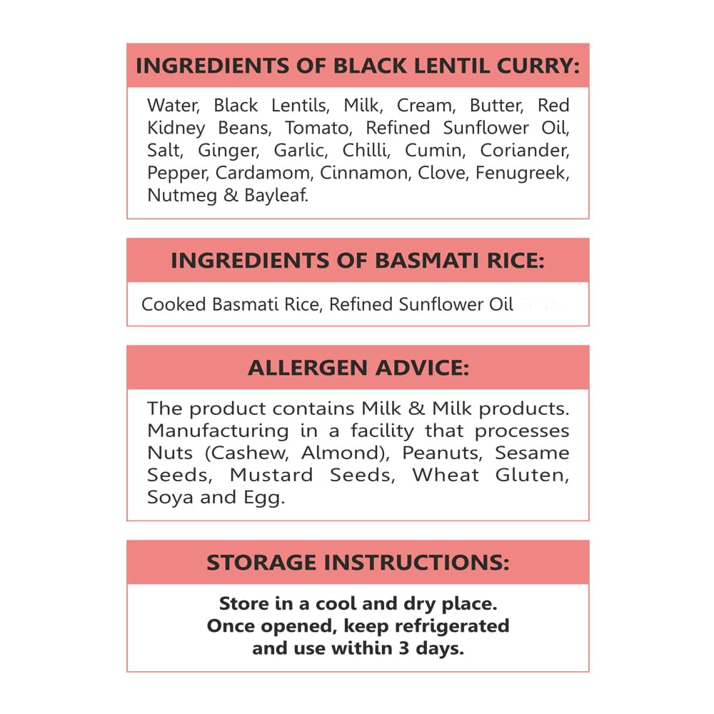 Indian Cuisine Ready to Eat Meals Pack of 6, 12.3Oz- Basmati Rice with Black Lentil Curry - Microwavable No Preservatives, Heat and Eat Meal Box Ready in 90 Seconds