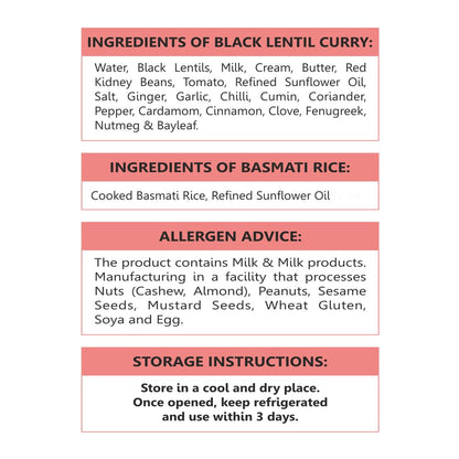 Indian Cuisine Ready to Eat Meals Pack of 6, 12.3Oz- Basmati Rice with Black Lentil Curry - Microwavable No Preservatives, Heat and Eat Meal Box Ready in 90 Seconds