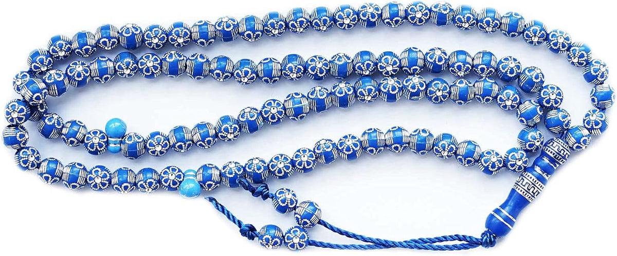 Blue 8Mm Acrylic Islamic Prayer Beads Necklace for Muslims (Unisex, 99 Beads, Silver, 24.5')