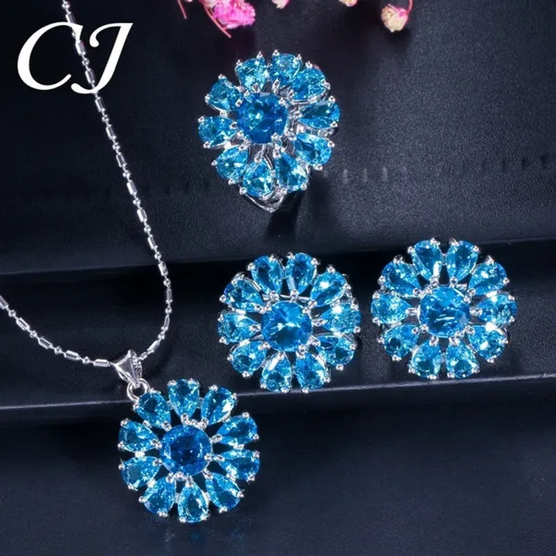 CANDICE BLUE Zirconia Stone Flower Stud Earrings Necklace Ring Fashion Sterling Silver Plated Jewelry for Christmas Party