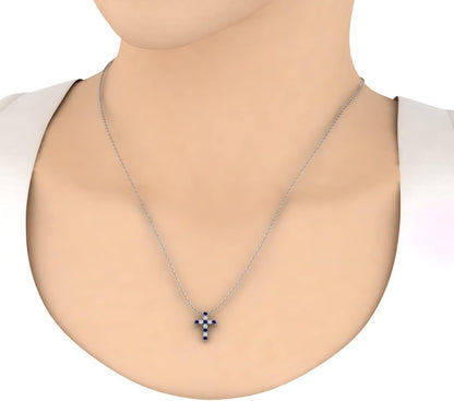2 Carat Blue Sapphire & White Diamond Cross Pendant Necklace in 14K Gold (Silver Chain Included)