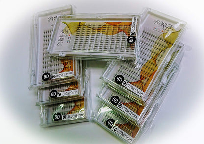 Set of 7 Trays: Eyelash Extensions Premade Russian Volume Individual Fans 6D, 0.05 Thickness, 8Mm (C Curl), 9Mm (C Curl), 10Mm (D Curl), 11Mm (D Curl), 12Mm (D Curl), 13Mm (D Curl) & 14Mm (D Curl)