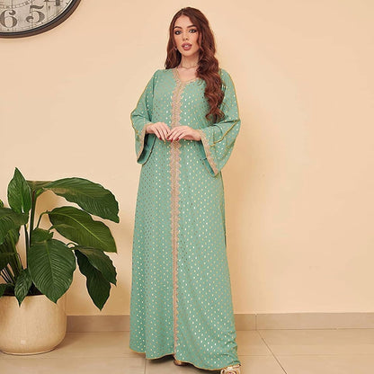 Women'S Muslim Abaya Dress V Neck Bronzing Long Sleeves Elegant Prayer Wear Daily Casual Dress