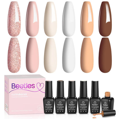 Nail Set 6 Colors, Pink Champagne Glitter Gel Nail Kit Old Money Collection Nude Pink Cream Color Soak Off UV LED Manicure Kit for Women Girls