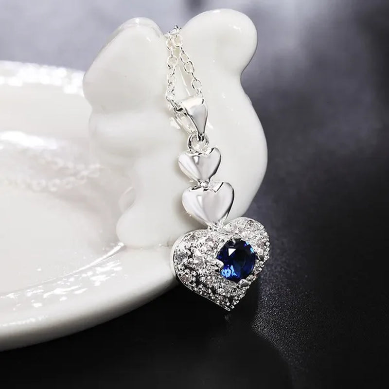 Woman Party Wedding Jewelry Sets 925 Sterling Silver Blue Crystal Heart Pendant Necklace Earrings Classic Fashion Gift