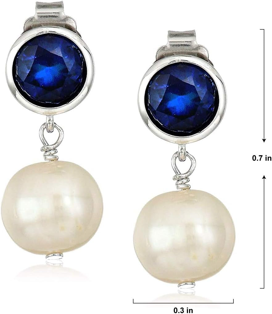 925 Sterling Silver Bezel-Set Gemstone Birthstone and 8Mm White Freshwater Cultured Pearl Post Drop Earrings