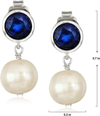 925 Sterling Silver Bezel-Set Gemstone Birthstone and 8Mm White Freshwater Cultured Pearl Post Drop Earrings