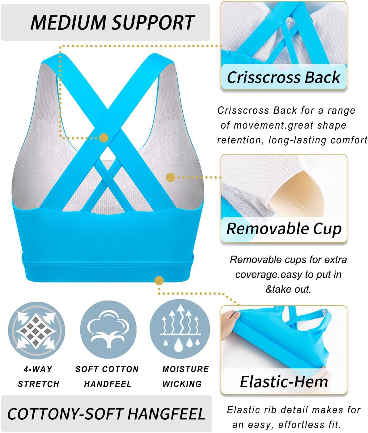 Sports Bra for Women, Criss-Cross Back Padded Strappy Sports Bras Medium Support Yoga Bra with Removable Cups