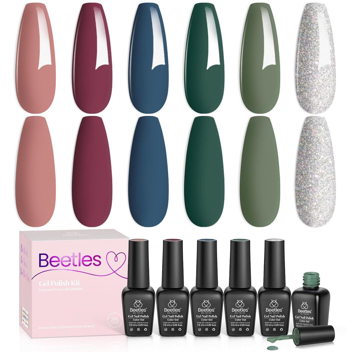 Beetles Gel Nail Polish Kit 6 Colors Green Gel Nail Polish Glitter Pearl Gel Nail Polish Spring Gel Polish Soak off Uv LED Nail Lamp Gel Nail Kit DIY Home Nail Manicure Easter Gel Nail Polish