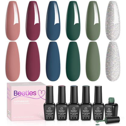 Beetles Gel Nail Polish Kit 6 Colors Green Gel Nail Polish Glitter Pearl Gel Nail Polish Spring Gel Polish Soak off Uv LED Nail Lamp Gel Nail Kit DIY Home Nail Manicure Easter Gel Nail Polish