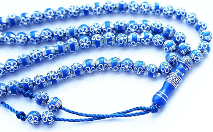 Blue 8Mm Acrylic Islamic Prayer Beads Necklace for Muslims (Unisex, 99 Beads, Silver, 24.5')