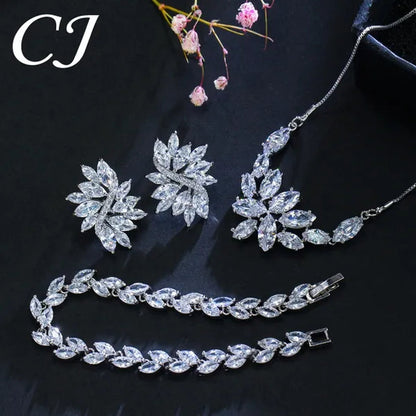 CANDICE Gorgeous Luxury Zirconia Wedding Jewelry Set Elegant Marquise CZ Big Flower Pendant Necklace Stud Earrings Bracelet for Bridal
