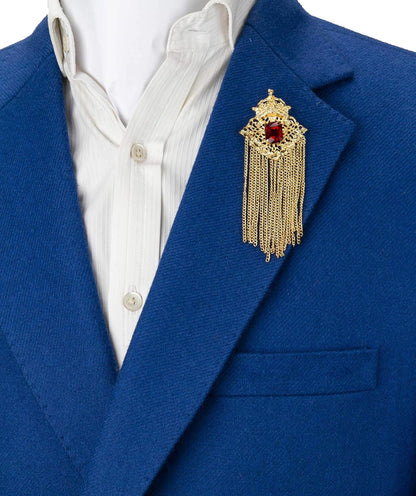 Brooch Pin Crowned Deep Red Stone with Abstract Work and Hanging Chain Lapel Pin Accessories for Men Women
