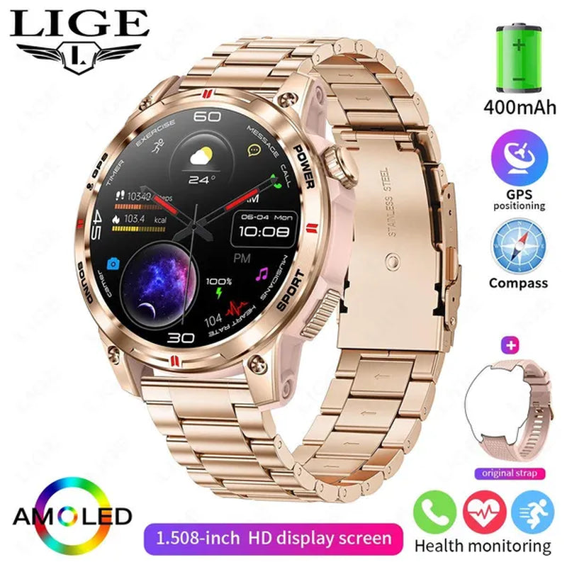 LIGE GPS 100+ Sport Modes Smart Watch Men Compass Military With LED Flashlight Bluetooth Call Sport Tracker IP68 Waterproof Smartwatch For Women Android IOS
