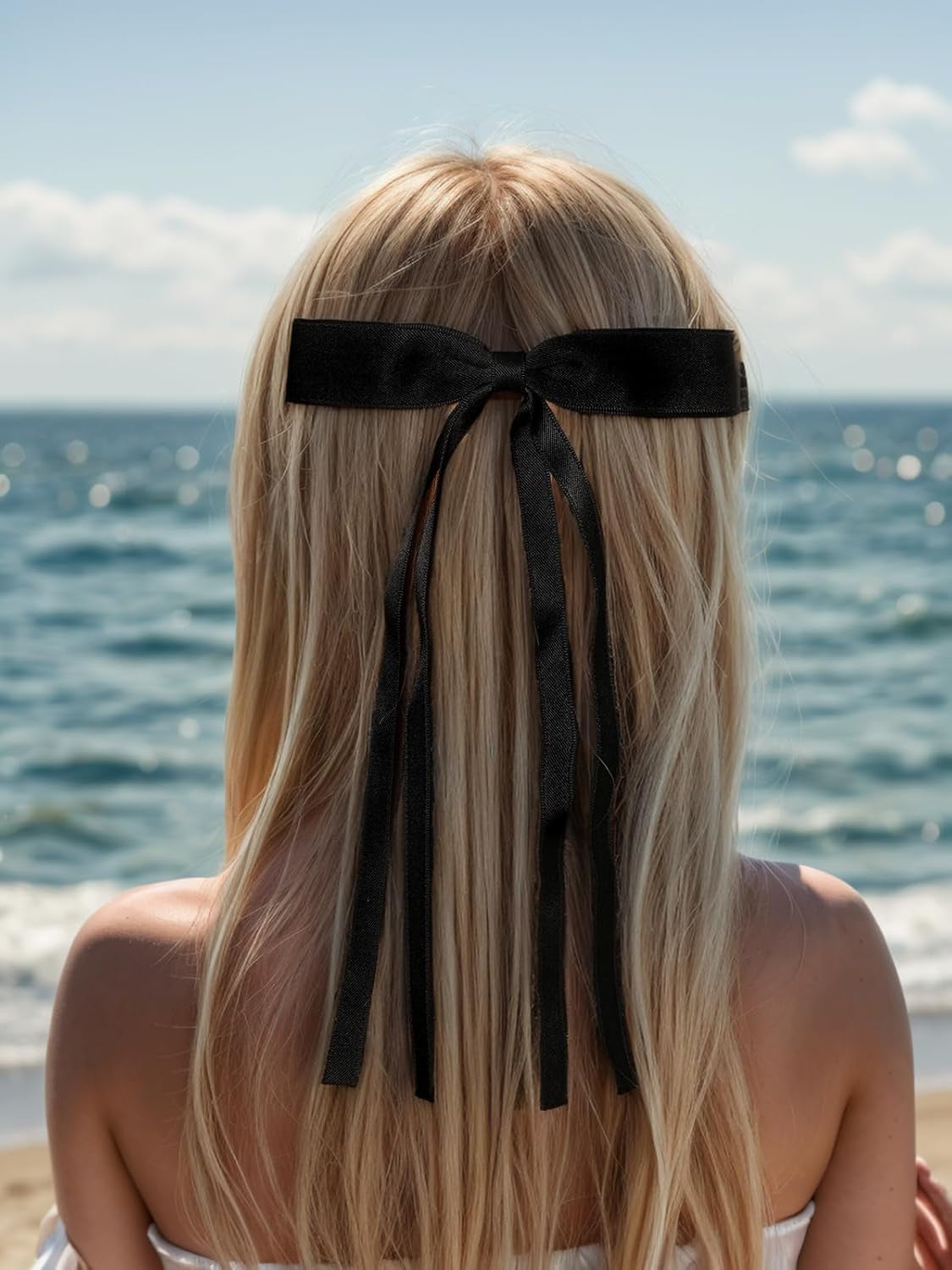 Tassel Ribbon Bowknot Hair Clips for Women - 4Pcs Barrettes with Long Tail, Solid Accessories for Girls, Claw Clips with Bow in Black and White
