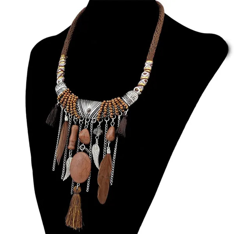Bohemian Fashion Silver Plated Leather Chain Resin Beads Natrual Stone Feather Tassel Necklace Jewelry