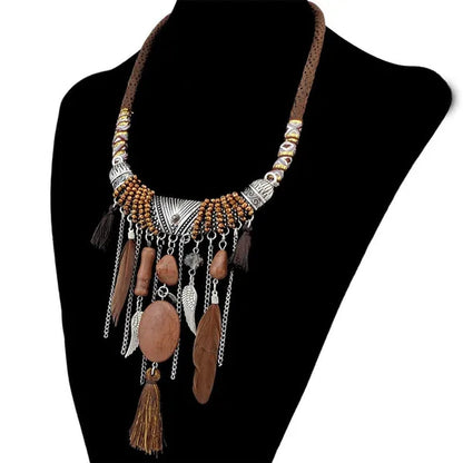 Bohemian Fashion Silver Plated Leather Chain Resin Beads Natrual Stone Feather Tassel Necklace Jewelry