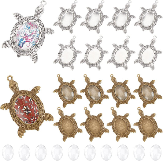 20 Sets Turtle Photo Charms Pendant Settings 25X18 Mm Oval Pendant Trays Cabochons Base Blank Bezel Cameo Bezel Cabochon Settings Memorial Photo Pendant for Graduation Jewelry Making