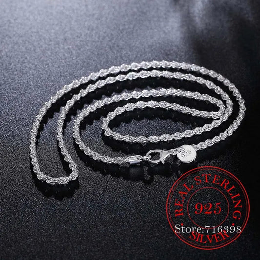 Real 100% 925 sterling silver Men's Fine Jewelry 3mm twisted rope chain necklace Size 16-30inch charm necklace Colar
