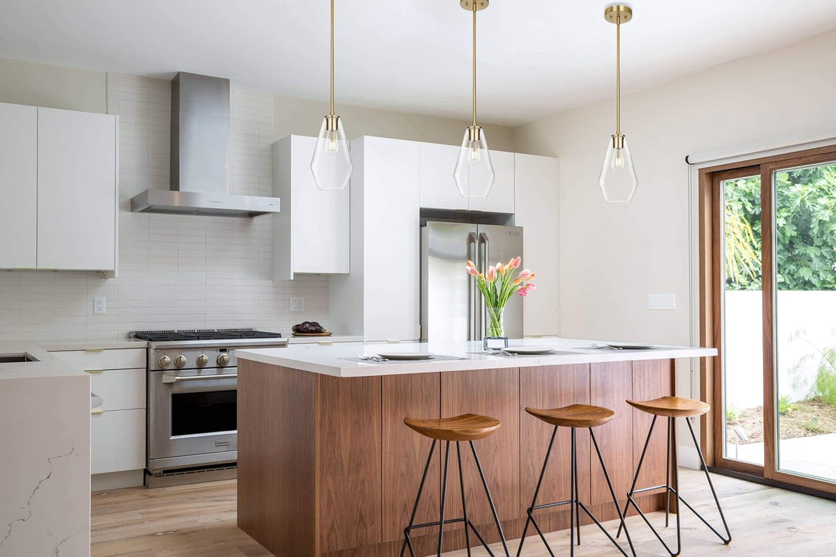 Brass Pendant Lights Ktichen Island, Modern Farmhouse Dining Room Light Fixtures over Table Brushed Brass Glass Kitchen Hanging Lights for Bedroom,Bar,Sink XB-P1228-BS
