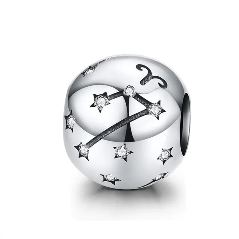 European Hot 12 Constellation Zodiac Round 925 Sterling Silver Beads Charm for Women Bracelet  Shining CZ Charm Fit Original Bangle Necklace DIY Jewelry Making