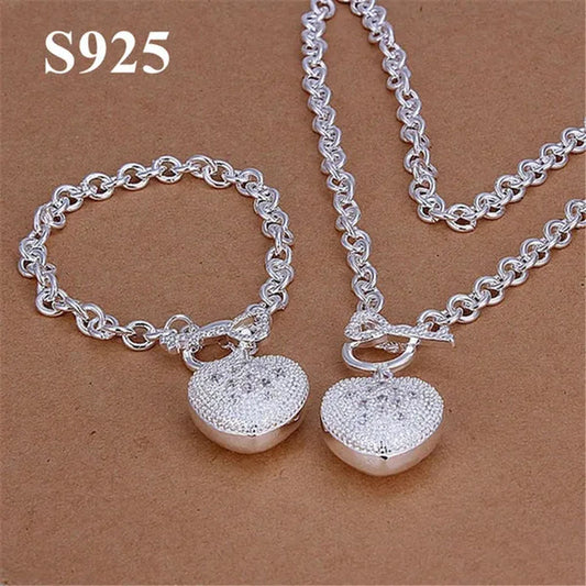 Women's Charm 925 Sterling Silver Crystal Heart Pendant Bracelets Elegant Necklace Bridal Wedding Jewelry Set