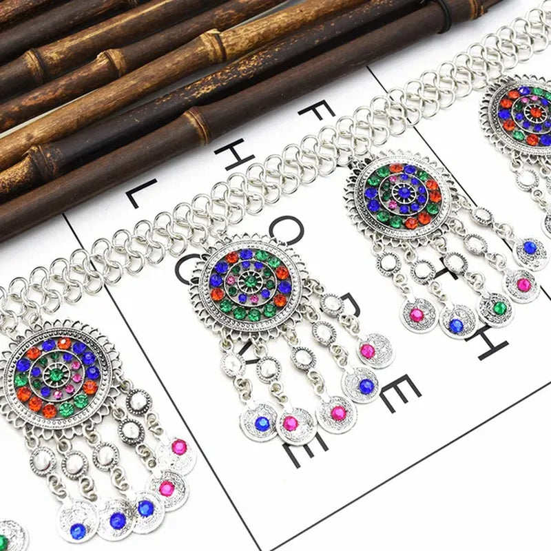 Bohemian Coin Tassel Color Rhinestones Hollow Out Waist Belly Body Chain for Woman