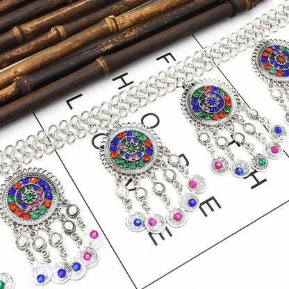 Bohemian Coin Tassel Color Rhinestones Hollow Out Waist Belly Body Chain for Woman