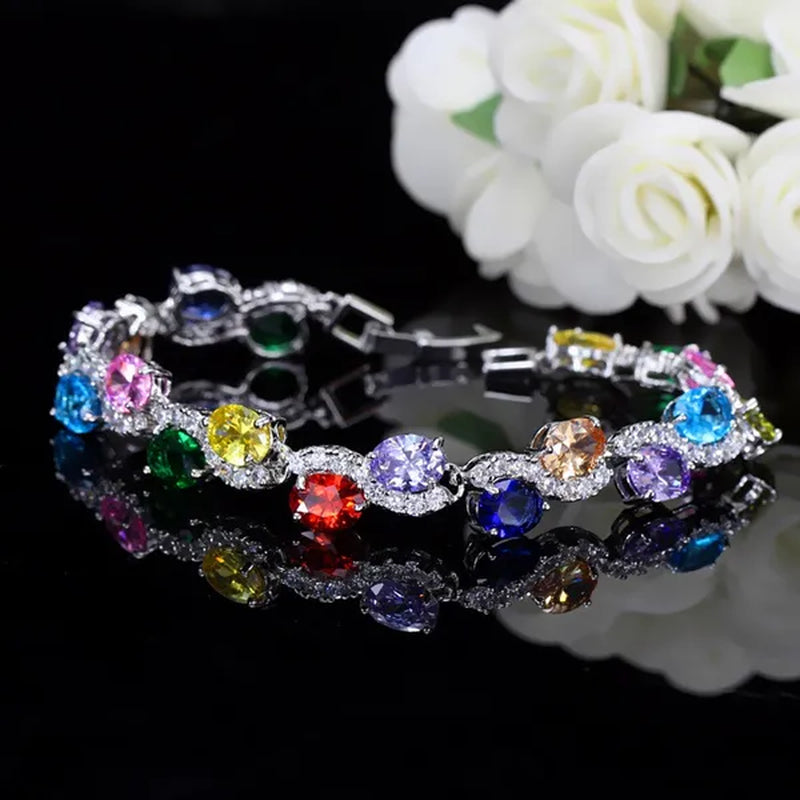CANDICE Brilliant Multicolor Cubic Zirconia Crystal Pave Setting S Shaped Silver Plated Tennis Bracelets Bangles for Women New Summer Jewelry