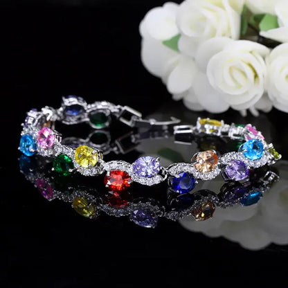 CANDICE Brilliant Multicolor Cubic Zirconia Crystal Pave Setting S Shaped Silver Plated Tennis Bracelets Bangles for Women New Summer Jewelry