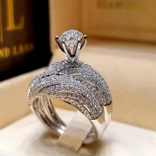 2pcs/set Luxurious Noble Exquisite Women's 925 Sterling Silver Natural White Sapphire Diamond Ring Princess Wedding Proposal Engagement Ring Anniversary Party Ring Jewelry Size 5-11 Bague Femme