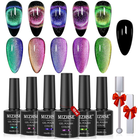 9D Cat Eye Gel Nail Polish, Magnetic Cat Eye Gel Polish Set, 10Ml*6 with 2 Magnets, Classic Colors Chameleon Magic Galaxy Effect Soak off Nail Art, Sparkle Stunning Gel Polish Gift for Women