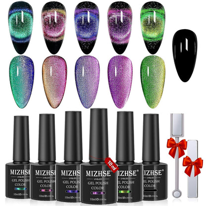 9D Cat Eye Gel Nail Polish, Magnetic Cat Eye Gel Polish Set, 10ml*6 with 2 Magnets, Classic Colors Chameleon Magic Galaxy Effect Soak off Nail Art - Sparkle Stunning Gel Polish Gift for Women