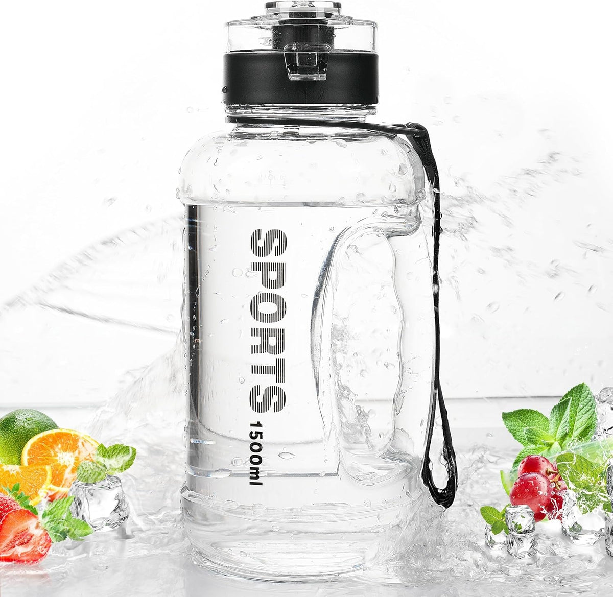 Outdoor Sports Water Bottle with Time Marker - 50 Oz Water Bottle with Handle and Chug Lid Big Water Bottle Reusable Leakproof Sports Water Bottle for Bike(Gray White)