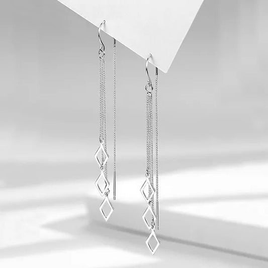 Geometric Rhombus Earrings for Women Temperament Tassel Long Ear Line Earring 925 Sterling Silver Jewelry