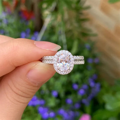 Newshe Halo Oval Cut AAAAA Cubic Zircons Trendy Jewelry Wedding Engagement Ring Set For Women Solid 925 Sterling Silver Sz 4-13