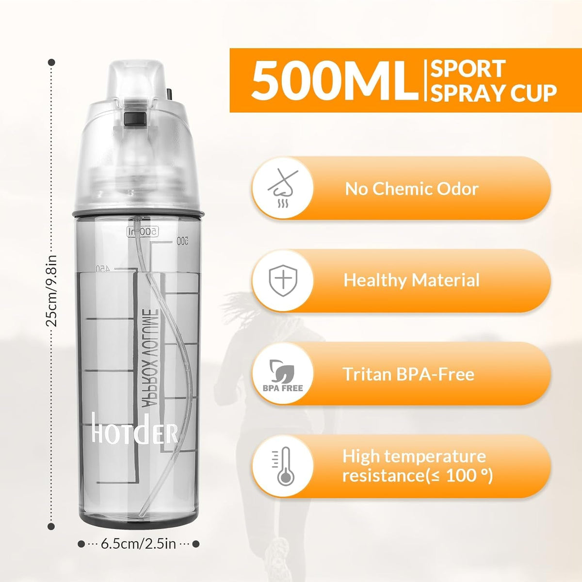 Water Bottle 16 OZ, Tritan Water Bottle with Mister, 2 in 1 Water Spray Bottle Bpa-Free&Leak-Proof, Sports Water Bottle with Flexible Handle for Fitness, Gym, Camping and Outdoors (1 Pack)