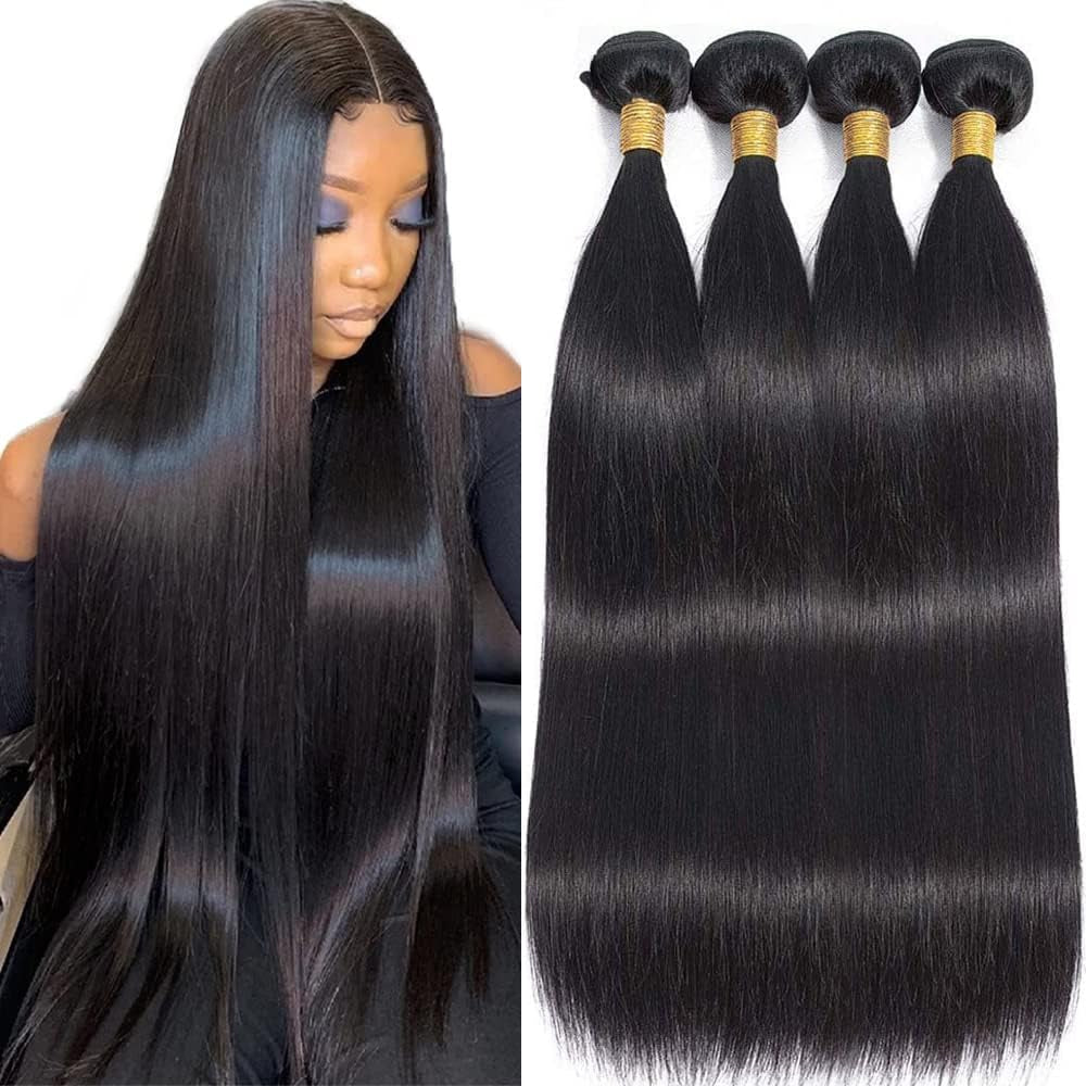 Human Hair Bundles Straight 10 12 14 16 Inch Brazilian Virgin Hair 4 Bundles Human Hair Straight 100% Unprocessed Straight Hair Bundles Weave Bundles Human Hair