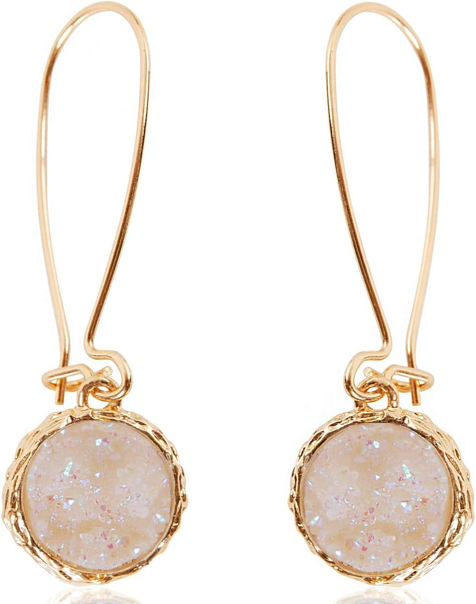Humble Chic Simulated Druzy Threader Drop Earrings for Women - Gold, Silver, or Rose Gold Tone Trendy Boho Dangles with Sparkly Round Stone