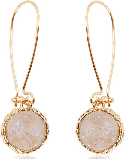 Humble Chic Simulated Druzy Threader Drop Earrings for Women - Gold, Silver, or Rose Gold Tone Trendy Boho Dangles with Sparkly Round Stone