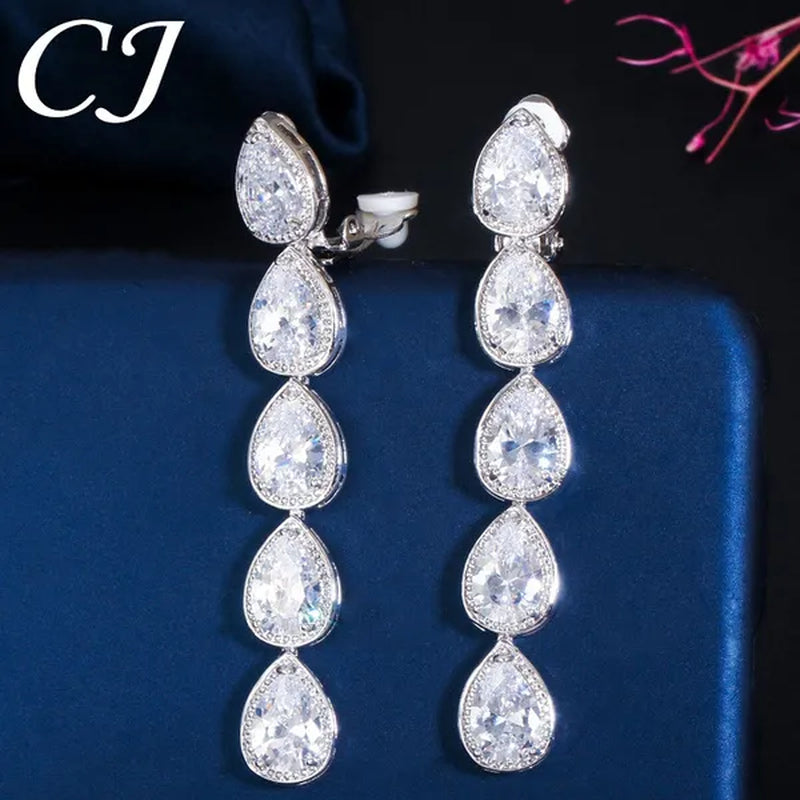 CANDICE Long Water Drop Dangling Jewelry Pave Clear Cubic Zirconia Crystal Female Non Pierced Wedding Clip on Earrings