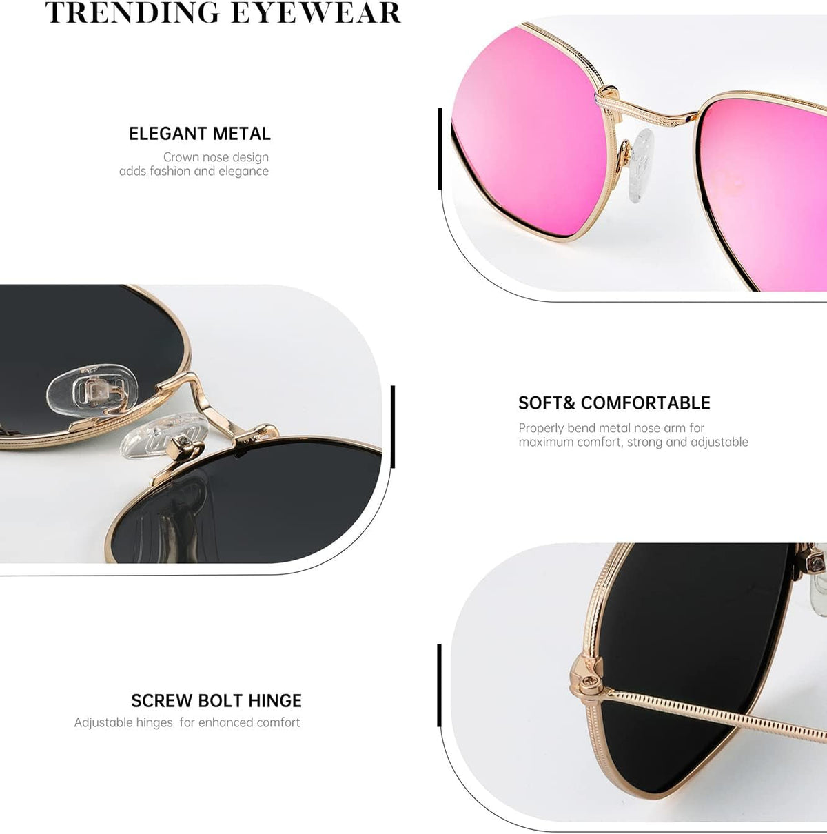 Sunglasses for Women and Men, Polarized Square UV Protection, Trendy Metal Frame Hexagon Sunglasses