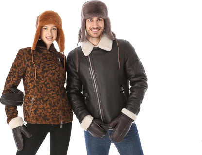 Leather Aviator Shearling Ushanka Trapper Hat Russian Sheepskin Cap Real Fur Winter Hat with Ear Flaps for Men Women