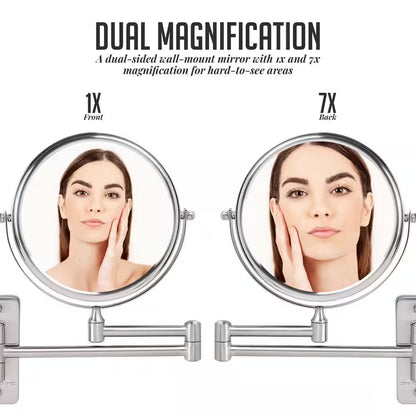 Small round Wall Mounted Nickel Brushed Makeup Mirror (11 In. H X 1.4 In. W), 1X-7X Magnification