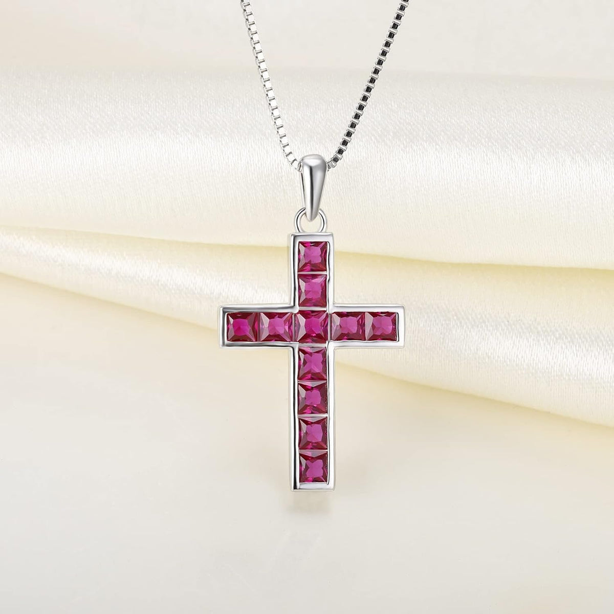 925 Sterling Silver Cross Necklace for Women Halo Pendant Princess Cut Birthstone Jewelry for Mom