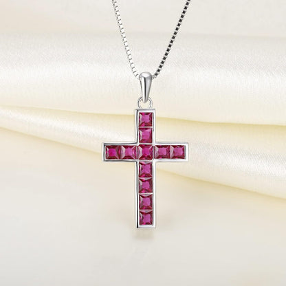 925 Sterling Silver Cross Necklace for Women Halo Pendant Princess Cut Birthstone Jewelry for Mom